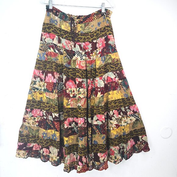 Vintage 80s 90s Brown Animal Floral Patchwork Boho Gypsy Maxi Broom Skirt - Picture 1 of 9